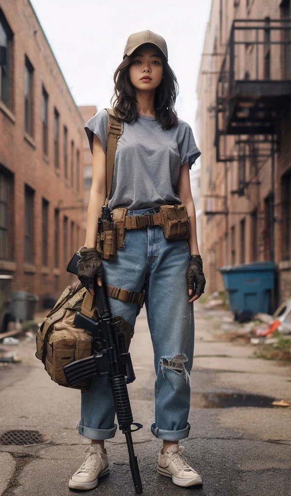 8K,Realistic Photo、Realistic Skin Texture、Superrealism、Japanese woman living in America、Operation、In a mid-sized American city、Old brick building、mortar、Loose Fit T-Shirt、Shoulder bag、Denim pants、Dirty sneakers、Hunting rifles、Dirty alley、Baseball Cap