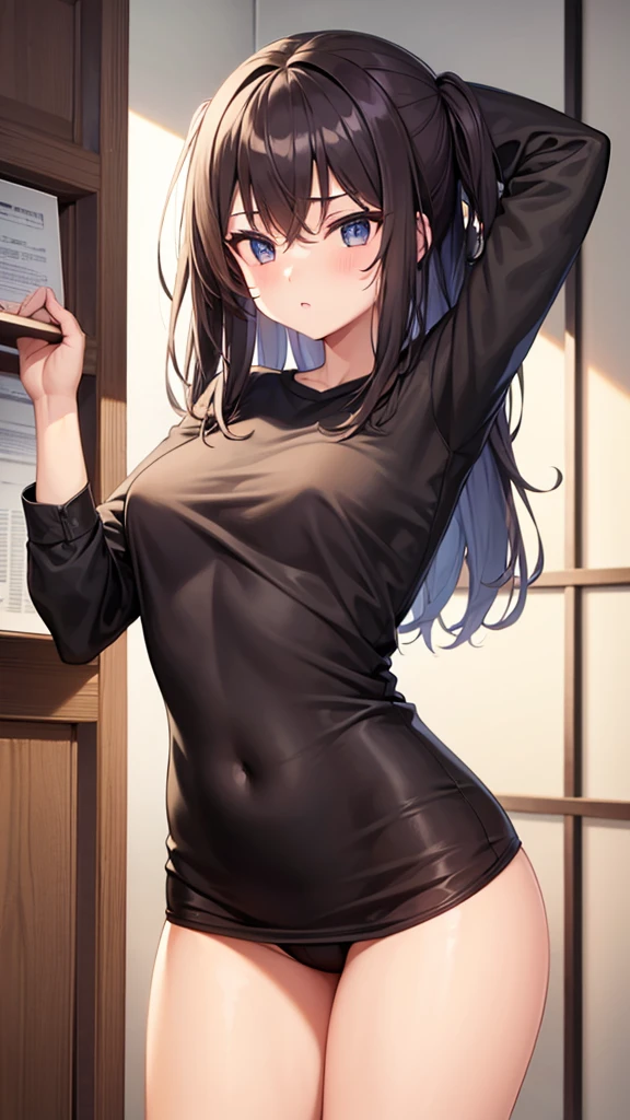1girl, underwear, lingerie, tight shirt, big chest, reaching at the top of a cupboard, shiny skin