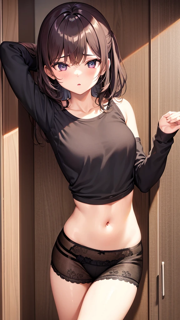 1girl, , , tight shirt, big chest, reaching at the top of a cupboard, shiny skin