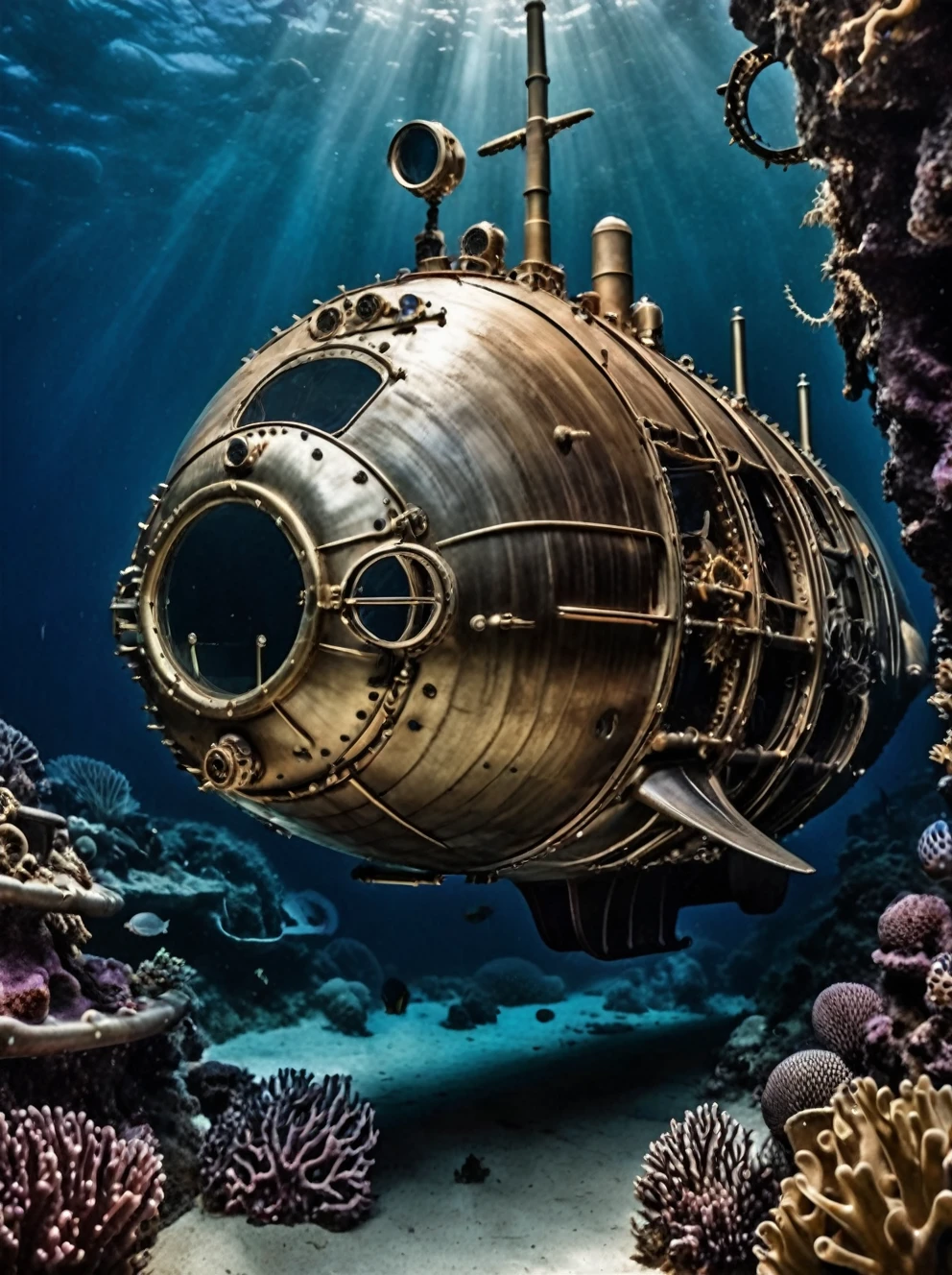 (incompatible, high fashion, but extremely beautiful:1.4), (complex details, masterpiece, best quality:1.4) , in the style of Nicola Samori, futuristic style, elegant, modern, ultramodern, high-tech, detailed, ((steampunk submarine with little young mermaids++ swimming nearby)) and ((completely submerged in water))+, the light++ in the portholes,