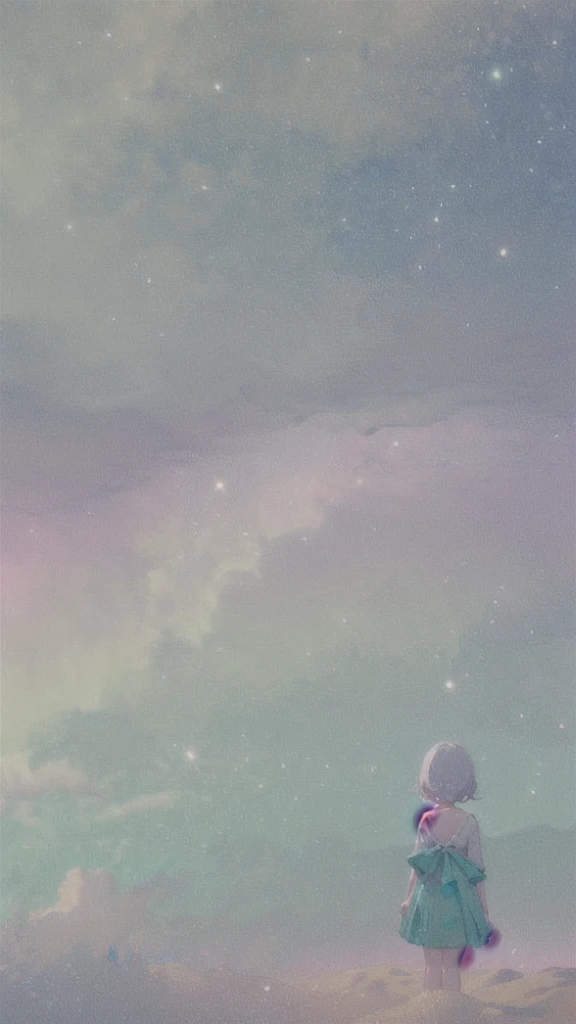 (Soft pastel colors:1.2)、(light blue　Cream　emerald)、A girl gazing at the future city、From the back、Surreal、Whimsical、Magical、Fantasy、dream-like、