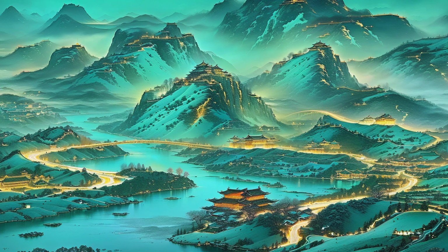 A mountain landscape painting with a river and a bridge, Chinese scenery, Beautiful rendering of the Tang Dynasty, Detailed scenery —width 672, Amazing wallpapers, Chinese Art Style, Dreamy China, thrilling, Amazing depth, Oriental Wallpaper, Inspired by Ma Yuan, Wallpaper HD beautiful, Landscape Art Detail, by Yang Buzhi, Chinese Fantasy, Gong Xian