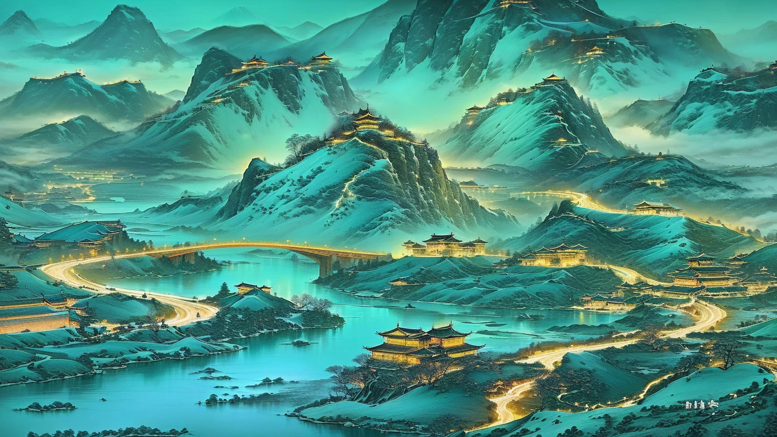A mountain landscape painting with a river and a bridge, Chinese scenery, Beautiful rendering of the Tang Dynasty, Detailed scenery —width 672, Amazing wallpapers, Chinese Art Style, Dreamy China, thrilling, Amazing depth, Oriental Wallpaper, Inspired by Ma Yuan, Wallpaper HD beautiful, Landscape Art Detail, by Yang Buzhi, Chinese Fantasy, Gong Xian