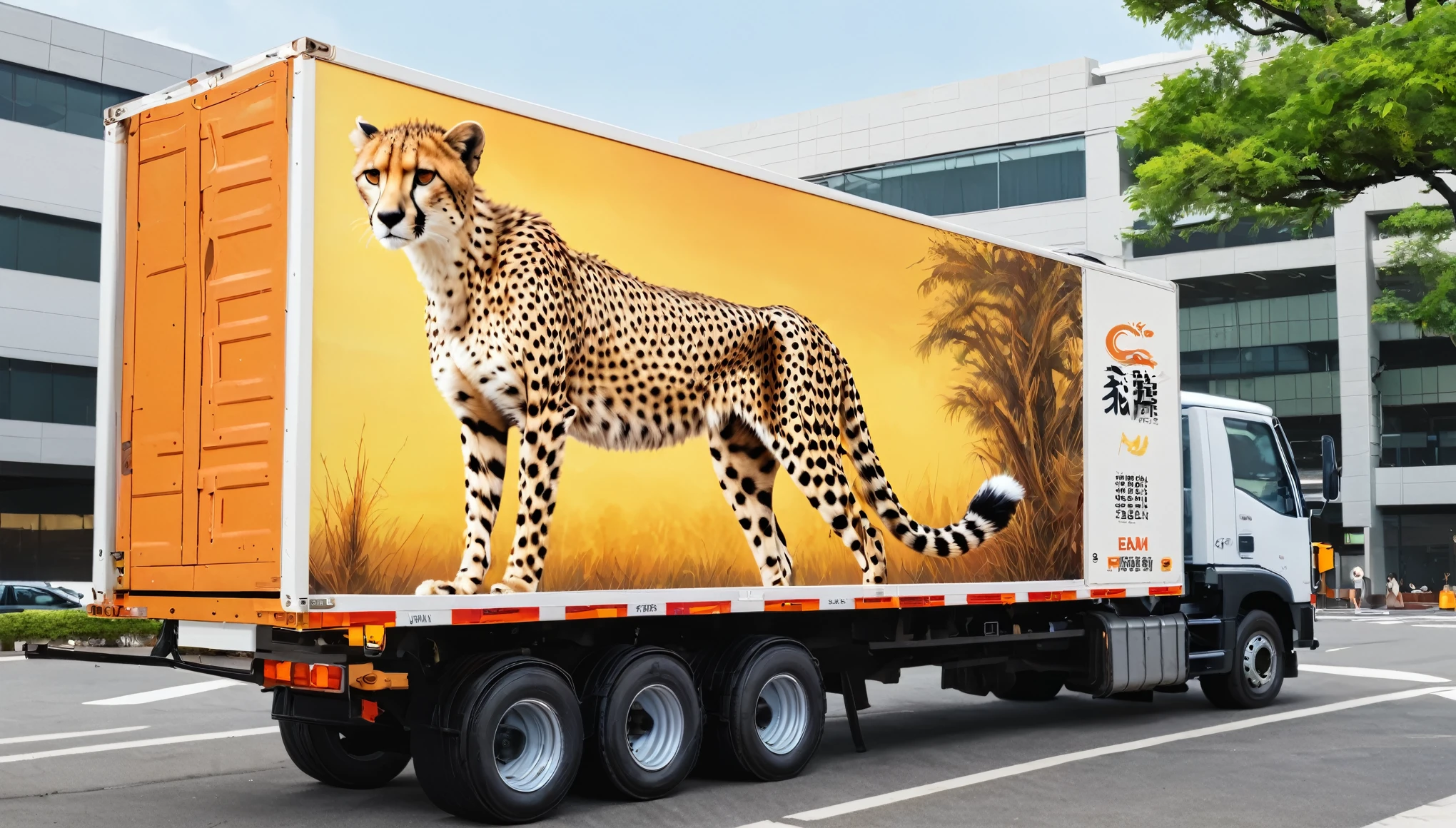 There is an illustration of a cheetah on the side of the large truck box.。The truck was parked in a busy area、The lighting is beautifully done。フォトRealistic:1.2, Realistic, masterpiece:1.2: