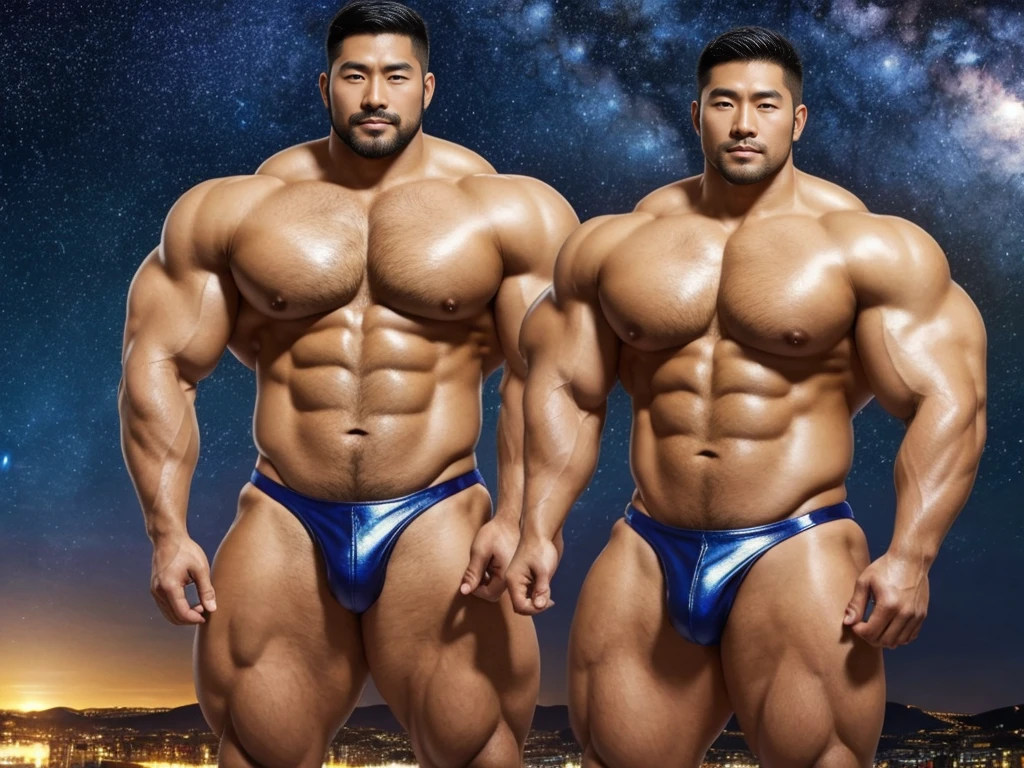 There is only one handsome Asian actor in the picture,30 years old,Tall and handsome, Toned body,short hair, O-Shaped Beard,Perfect body, Dark skin,Glowing skin,Smooth skin,The body is hairless,Muscle bulge, Muscular, Very large pectoral muscles,Very sexy abdominal muscles,Very well-developed leg muscles,Huge concave and convex area,Brightens oily skin,Wearing a gold leather shiny thong,Handsome face, Correct and accurate male body proportions, Standing under the starry sky。