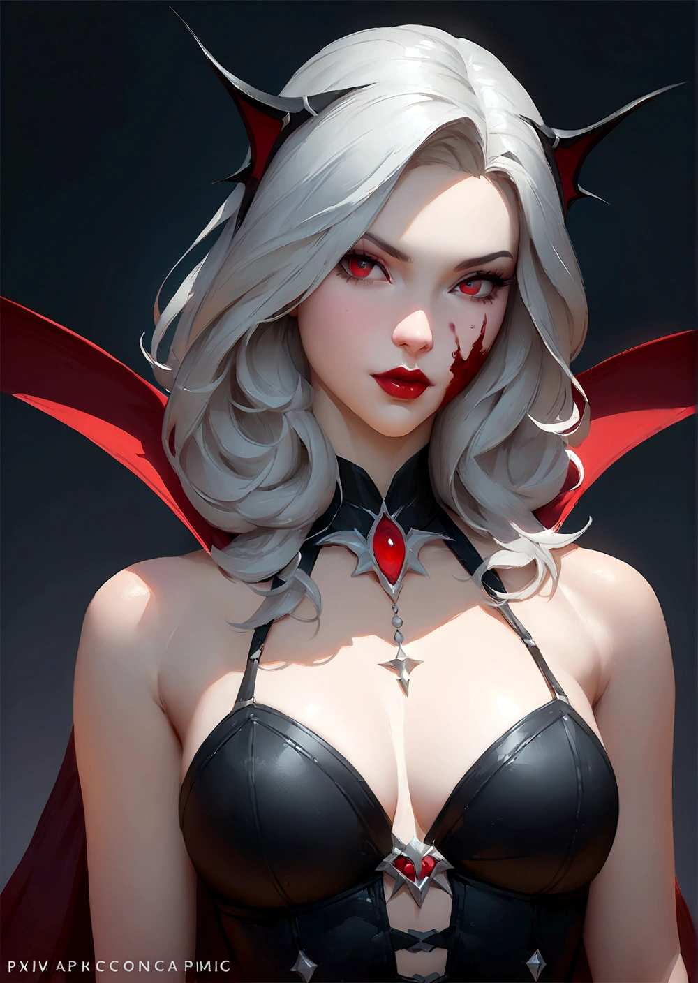 Anime style female figure，Gray hair，Blood on the face, vampire portrait, Beautiful vampire queen, Beautiful vampire queen, guweiz on pixiv artstation, guweiz on artstation pixiv, carmilla vampire, Female vampire的肖像, Female vampire, Vampire Girl, Beautiful wizard, Popular on artstation pixiv，Very high precision details，4K