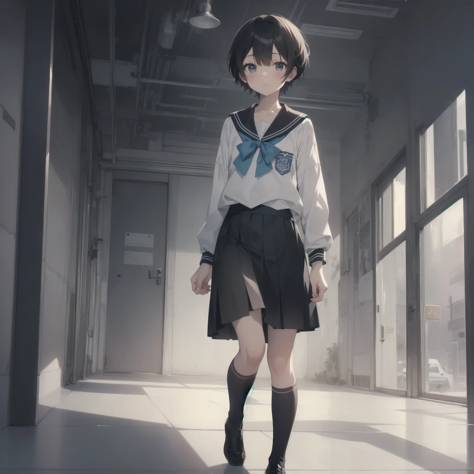 ultra-absurdres-Top quality by artist God, ultra-detailed, high resolution, anime moe artstyle, best anime 8k konachan wallpaper, pixiv contest winner, pool:2810, perfect anatomy,break, 1girl, (Please draw a girl walking sleepily to school alone. )break,(Solo,little female, 13-year-old:1.3),Full limbs, complete fingers,a junior high school student, (very short hair), short cut, flat chest, , small butt, small black eyes, beautiful detailed eyes, well-proportioned iris and pupils, expressive eyes, highres detailed hair, soft expression, salor school_uniform, sailor collar, serahuku, bow, pleated skirt,(Detailed Lighting), (Detailed background), in the School commute route. break,super detailed skin, Best cinematic lighting powered by famous artist, 8k,beauty illustration,photoshop_(medium),very aesthetic,break,((artist:wa_(genryusui) )), artist:clamp ,artist:carnelian ,artist:kantoku ,