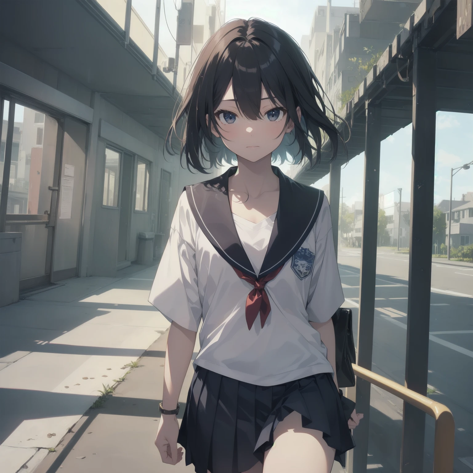 ultra-absurdres-Top quality by artist God, ultra-detailed, high resolution, anime moe artstyle, best anime 8k konachan wallpaper, pixiv contest winner, pool:2810, perfect anatomy,break, 1girl, (Please draw a girl walking sleepily to school alone. )break,(Solo,little female, 13-year-old:1.3),Full limbs, complete fingers,a junior high school student, (very short hair), short cut, flat chest, , small butt, small black eyes, beautiful detailed eyes, well-proportioned iris and pupils, expressive eyes, highres detailed hair, soft expression, salor school_uniform, sailor collar, serahuku, bow, pleated skirt,(Detailed Lighting), (Detailed background), in the School commute route. break,super detailed skin, Best cinematic lighting powered by famous artist, 8k,beauty illustration,photoshop_(medium),very aesthetic,break,((artist:wa_(genryusui) )), artist:clamp ,artist:carnelian ,artist:kantoku ,
