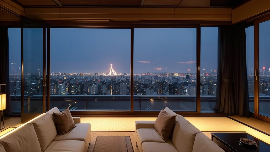 Living room view,City view, Digital rendering inspired by Yoshio Markino, Popular on Pixiv, Concept Art, The roof of Tokyo, Penthouse, Floor-to-ceiling glass sea view,Two dim headlights in the house,On the rooftops of Tokyo at night, Luxurious environment, Luxury Apartment, Tokyo in the background, modern japanese living room, In an apartment in Japan, Luxurious interior environment, Such