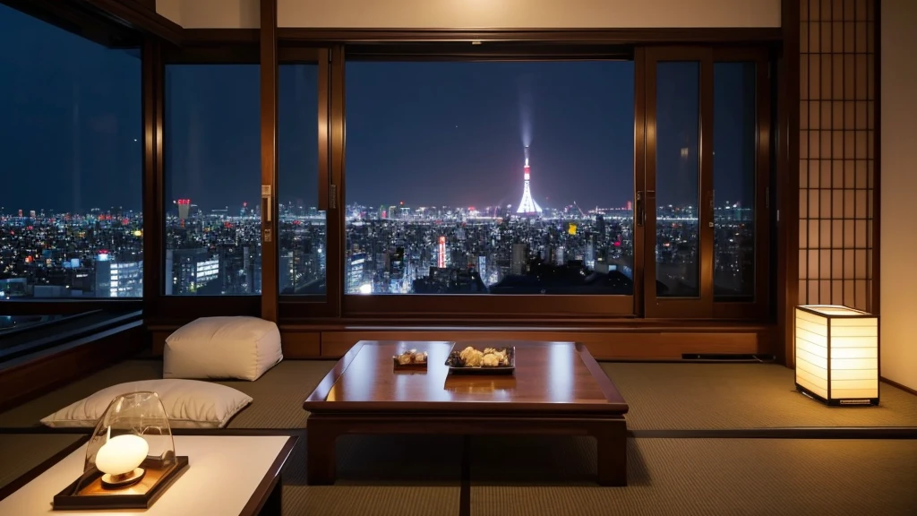 Living room view，City view, Digital rendering inspired by Yoshio Markino, Popular on Pixiv, Concept Art, The roof of Tokyo, Penthouse, Floor-to-ceiling glass sea view,Two dim headlights in the house,On the rooftops of Tokyo at night, Luxurious environment, Luxury Apartment, Tokyo in the background, modern japanese living room, In an apartment in Japan, Luxurious interior environment, Such