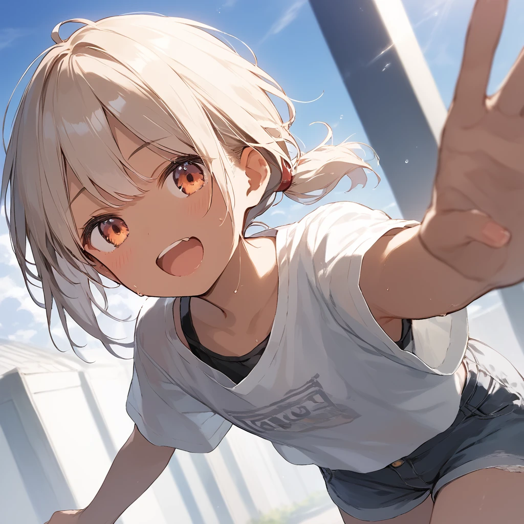 score_9, score_8_up, score_7_up, source_anime, best quality, masterpiece, official art, absurdres, highres, ultra-detailed,waifu2x,Collection: Slice of Life,break,1girl, tomboy, dark-skinned female, short hair, low ponytail, flat chest, beautiful detailed eyes, short shorts, sweat, open mouth, (yawn:0.3), sleepily, outdoors, wind, break,(clear line illustration:1.2),very high resolution, very aesthetic, super detailed skin, Best sexual lighting powered by famous artist, 8k,cute picture,beauty illustration,photoshop_(medium),,(Detailed Lighting),best anime 8k konachan wallpaper, pixiv contest winner,