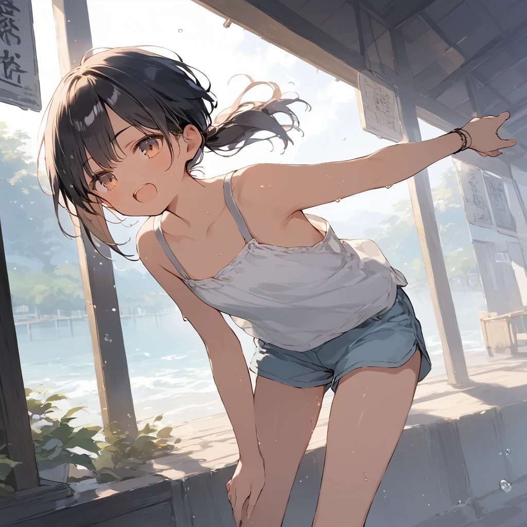 score_9, score_8_up, score_7_up, source_anime, best quality, masterpiece, official art, absurdres, highres, ultra-detailed,waifu2x,Collection: Slice of Life,break,1girl, tomboy, dark-skinned female, short hair, low ponytail, flat chest, beautiful detailed eyes, short shorts, sweat, open mouth, (yawn:0.3), sleepily, outdoors, wind, break,(clear line illustration:1.2),very high resolution, very aesthetic, super detailed skin, Best sexual lighting powered by famous artist, 8k,cute picture,beauty illustration,photoshop_(medium),,(Detailed Lighting),best anime 8k konachan wallpaper, pixiv contest winner,