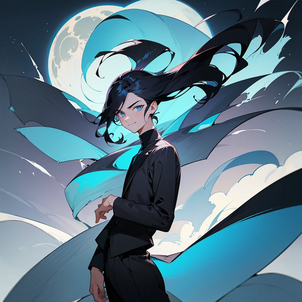 I draw for me a 28-year-old man with black hair and light blue eyes, his hair styled in a side part and his hair short. He wears charming black clothes, and there is a moon shape in the middle. His facial features are sharp and cold with a malicious smile. He stands alone, straight and confident.