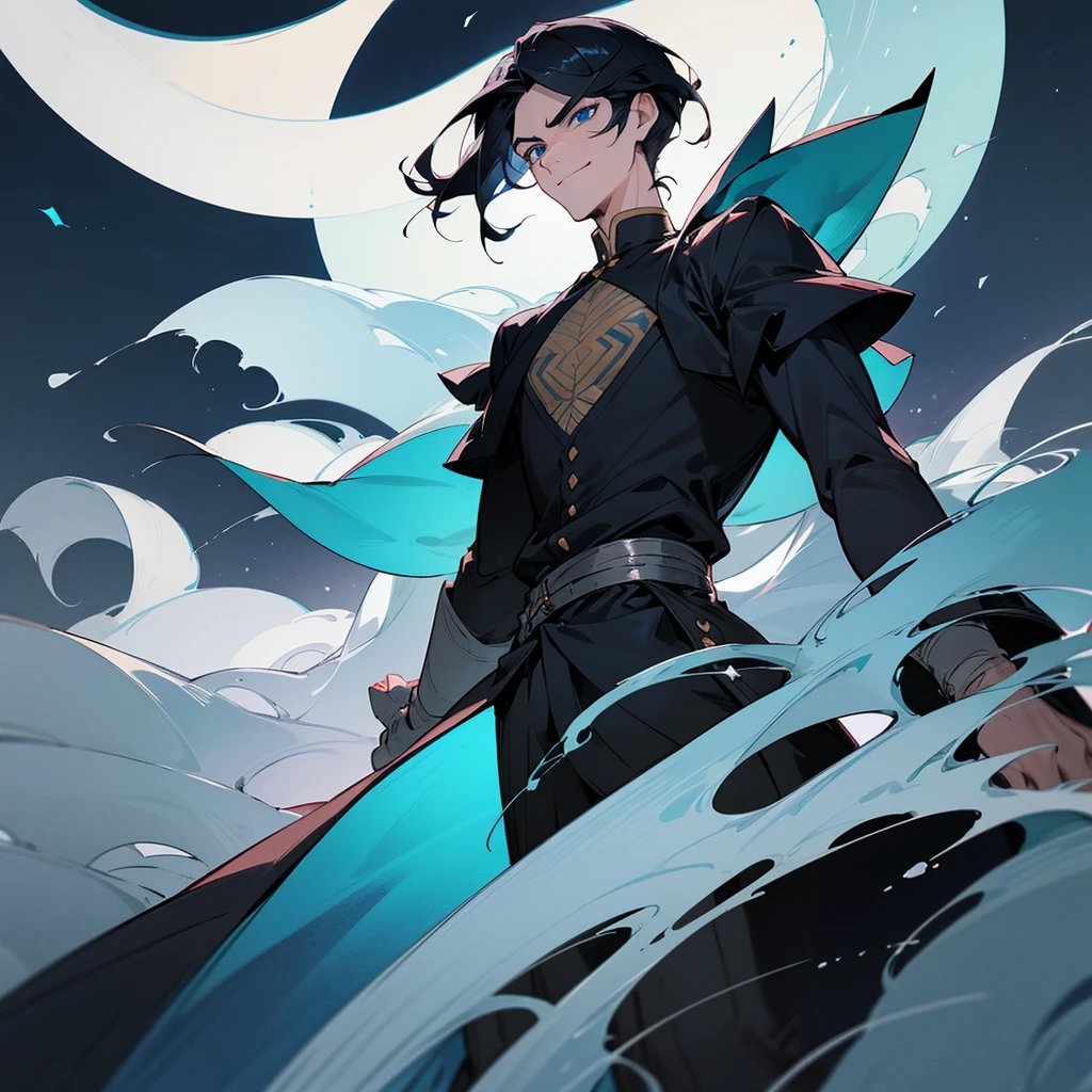 I draw for me a 28-year-old man with black hair and light blue eyes, his hair styled in a side part and his hair short. He wears charming black clothes, and there is a moon shape in the middle. His facial features are sharp and cold with a malicious smile. He stands alone, straight and confident. 