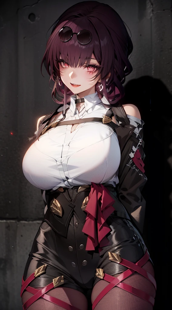 original character, volumetric illumination, best shadows, Shallow depth of field, Portrait of an Amazingly Beautiful Girl, Delicate beautiful face, open mouth with big smile, happy face, Red eyes, Messy Painted Face, sharp eyebrows, broad smile, Fangs out, Lovely very giant  , black hair, blush eyeshadow, narrow waist, in school room with big window, standing, (Higher quality, amazing details: 1.25), (Alone: 1.3), Bright colored paints