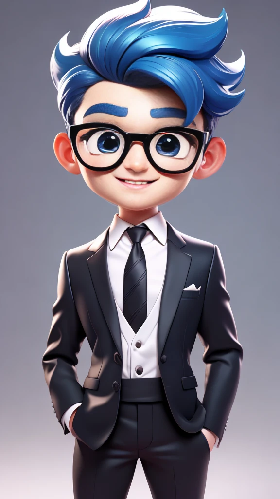 masterpiece, A cute boy standing, Glasses, Black suit, Blue Hair, Chibi style, Perfect 3D Animation , Smile，Perfect lips and easy 
