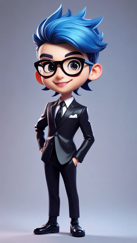 masterpiece, A cute boy standing, Glasses, Black suit, Blue Hair, Chibi style, Perfect 3D Animation , Smile,Perfect lips and easy