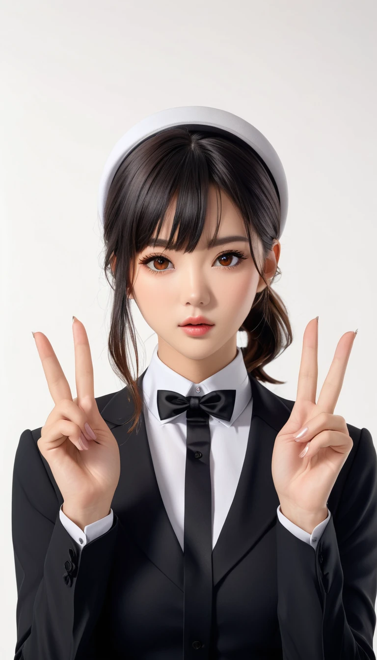 (((Perfect body,White and tender skin,(((Black strap dress, black long bow tie, white lining, black hat))),(((Kobeni Higashiyama, black hair, hair ornament, hairclip, ponytail, short hair, (brown eyes:1.5),))),((masterpiece)),highres,((Best quality at best)),masterpiece,quality,Best quality,((( Exquisite facial features,Looking at the audience,There is light in the eyes,(((frown,Wronged))),Scissorhands))),(((Light and shadow,Huge breasts,))),(((Looking at the camera,White background))))