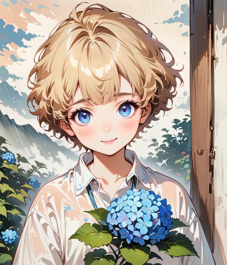 Cool face、Blonde short、When it rains, a rainbow appears。Hydrangea(masterpiece, Highest quality:1.2), Cartoon style character design， alone，Eyes with raised corners of the eyes，Floral Shirt，interesting，interesting