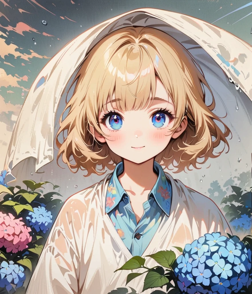 Cool face、Blonde short、When it rains, a rainbow appears。Hydrangea(masterpiece, Highest quality:1.2), Cartoon style character design， alone，Eyes with raised corners of the eyes，Floral Shirt，interesting，interesting