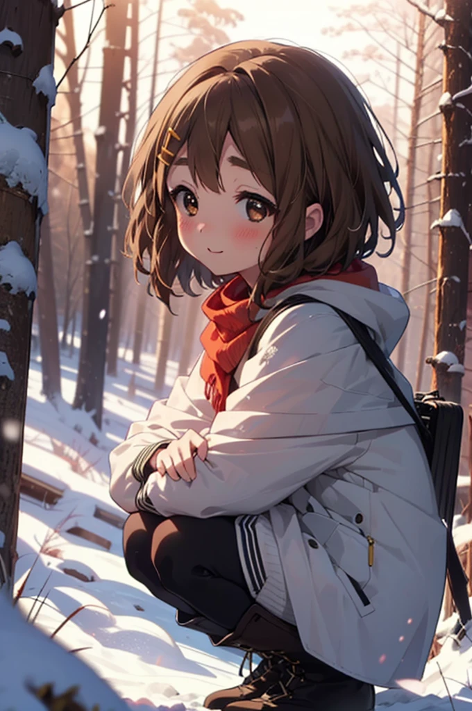 yuihirasawa, Yui Hirasawa, short hair, Brown Hair, hair ornaments, (Brown eyes:1.5), Hair Clip、smile,smile,blush,White Breath,
Open your mouth,snow,Ground bonfire,, Outdoor, boots, snowing, From the side, wood, suitcase, Cape, Blurred, , forest, White handbag, nature,  Squat, Mouth closed, Cape, winter, Written boundary depth, Black shoes, red Cape break looking at viewer, Upper Body, whole body, break Outdoor, forest, nature, break (masterpiece:1.2), Highest quality, High resolution, unity 8k wallpaper, (shape:0.8), (Beautiful and beautiful eyes:1.6), Highly detailed face, Perfect lighting, Extremely detailed CG, (Perfect hands, Perfect Anatomy),