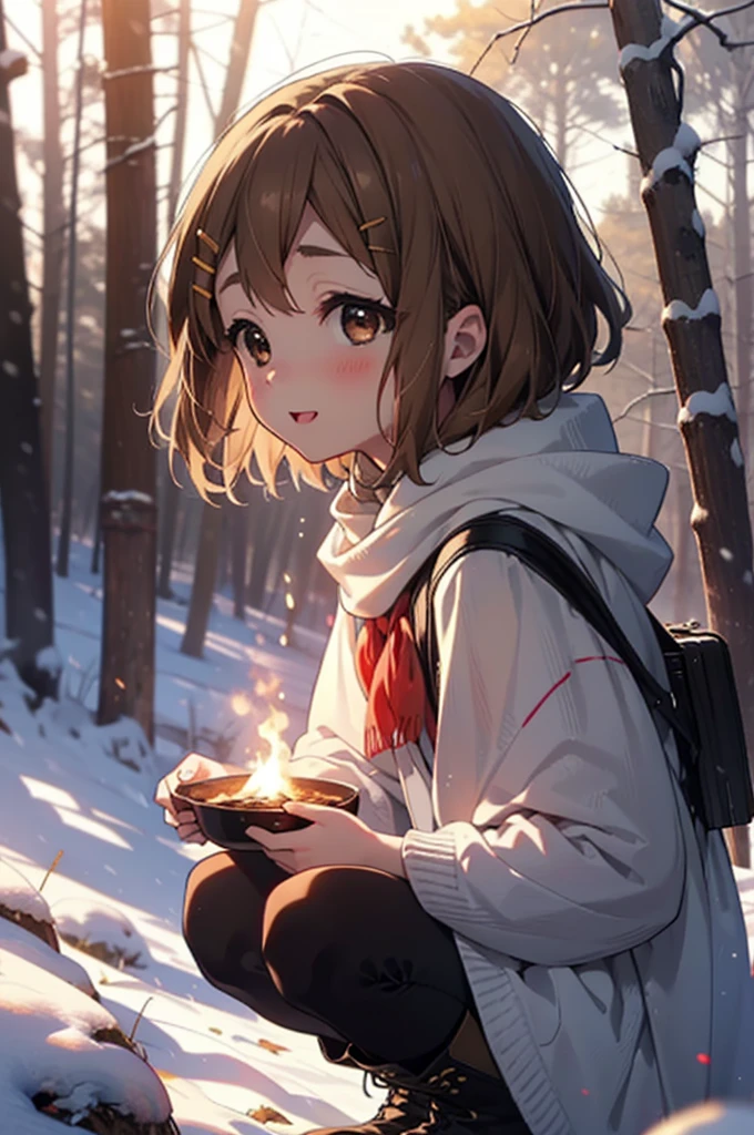 yuihirasawa, Yui Hirasawa, short hair, Brown Hair, hair ornaments, (Brown eyes:1.5), Hair Clip、smile,smile,blush,White Breath,
Open your mouth,snow,Ground bonfire,, Outdoor, boots, snowing, From the side, wood, suitcase, Cape, Blurred, , forest, White handbag, nature, Squat, Mouth closed, Cape, winter, Written boundary depth, Black shoes, red Cape break looking at viewer, Upper Body, whole body, break Outdoor, forest, nature, break (masterpiece:1.2), Highest quality, High resolution, unity 8k wallpaper, (shape:0.8), (Beautiful and beautiful eyes:1.6), Highly detailed face, Perfect lighting, Extremely detailed CG, (Perfect hands, Perfect Anatomy),
