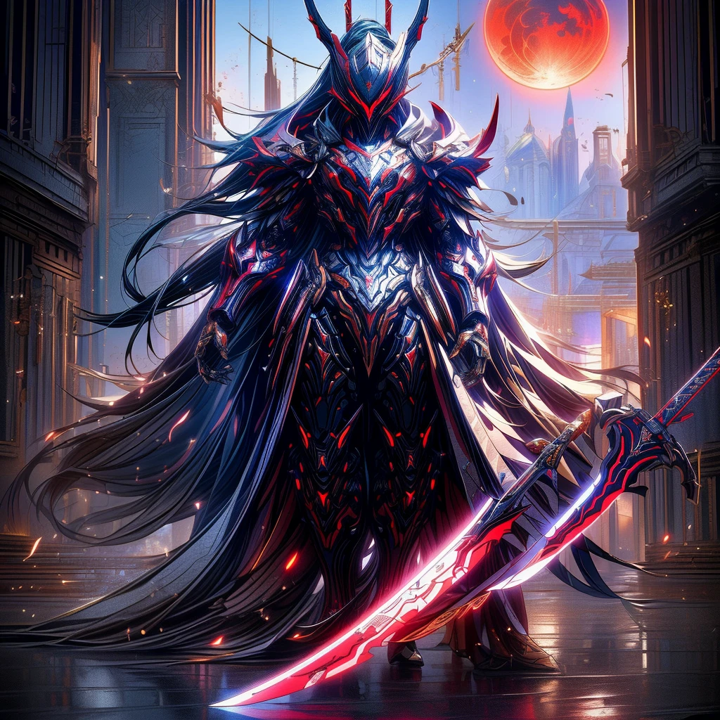 Anime characters wearing a red cloak and sword before the full moon, Badass anime 8 K, high quality warframe fanart, exquisite warframe fanart, Anime epic artwork, Anime art wallpaper 4 K, Anime art wallpaper 4k, anime mecha aesthetic, Onmyoji detailed art, detailed warframe fanart, High quality digital concept art, Dragon Knight, Red armor, (solo)