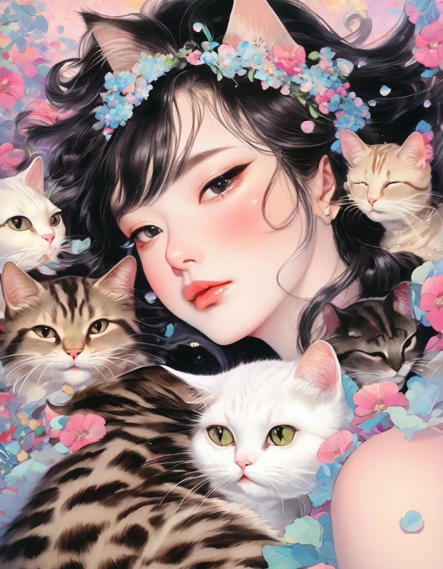 (Hisashi Eguchi style:1.2) , Hallucination, daydream , nightmare , Insane Dream , bokeh , erotica , romance , Cat clings girl , Petals fluttering down , (Single eyelids, round nose, swollen cheeks) , glossy lips , Collarbone , Hair blowing in the wind , Goddess of lust , (hide crotch by cats:1.2) , (hide nipple by cats:1.2) , (close up cat) , spread legs , bra , Groin , (Wide pelvis)