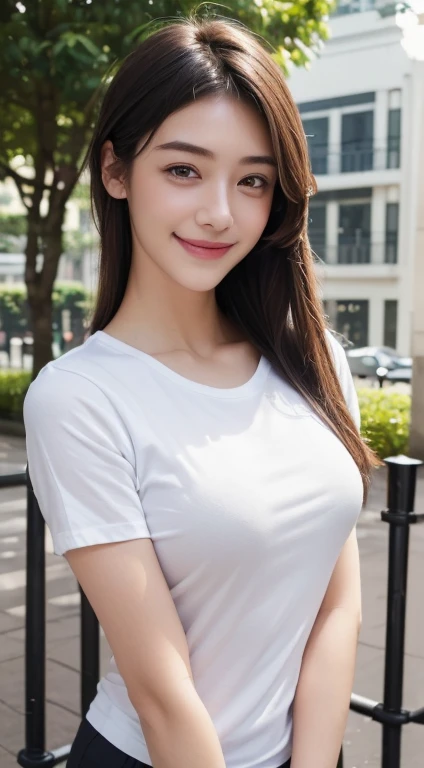 ((top-quality、、masterpiece:1.3))、1girl in、Realistic body、Slim Abs Beauty:1.3、(Hairstyle Casual、huge tit:1.2)、Sexy Standing Pose、Perfect dynamic composition、(Show the armpits、open the inseam quite wide)、Super fine face、Delicat eyes、double eyelid、Looking at the camera、Dress: 1.1、((white t-shirt、crew neckline、short sleeves、slim fit、black sport shorts)、beautiful expression、cute smile face、(little smile face:1.35)、 bacgkround at afternoon playground in south jakarta buildings、