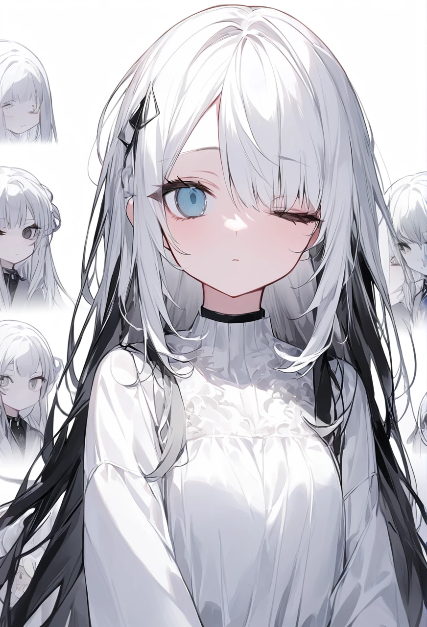 Black and White、Girl、Black and white hair、Black and white mixed、Black and white mixed髪の毛、Half Black、Half white、Long Hair、Odd Eye、Odd Eye 左目が白色 右目が黒色、Left eye is white、Left eye is white、Right eye is black、Right eye is black、全体的に黒と白が混ざったGirl、Black and WhiteのGirl、White background、白と黒のGirl、White Room、黒色と白色のGirl、emotionless、Calm、Lots of black、A lot of black、Lots of black髪の毛、一人のGirl、1 Girl、1 Girl、Mostly black