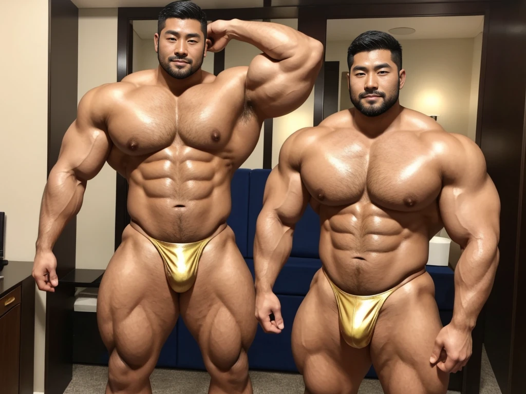 There is only one handsome Asian actor in the picture，30 years old，Tall and handsome, Toned body，short hair, O-Shaped Beard，Perfect body, Dark skin，Glowing skin，Smooth skin，The body is hairless，Muscle bulge, Muscular, Very large pectoral muscles，Very sexy abdominal muscles，Very well-developed leg muscles，Huge concave and convex area，Brightens oily skin，Wearing a gold leather shiny thong，Handsome face， Correct and accurate male body proportions, Standing in the gorgeous sea。
