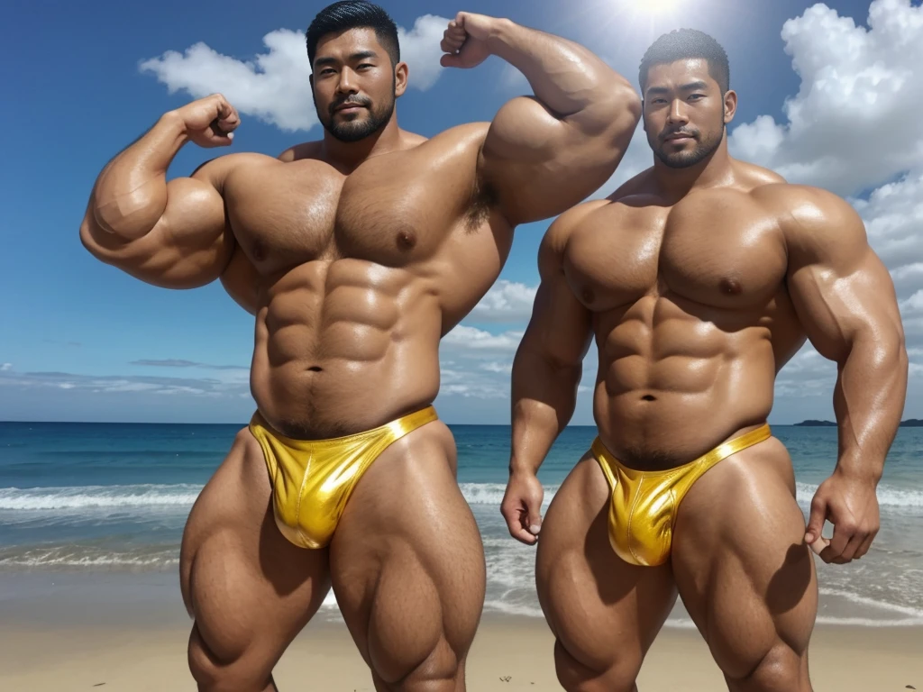There is only one handsome Asian actor in the picture,30 years old,Tall and handsome, Toned body,short hair, O-Shaped Beard,Perfect body, Dark skin,Glowing skin,Smooth skin,The body is hairless,Muscle bulge, Muscular, Very large pectoral muscles,Very abdominal muscles,Very well-developed leg muscles,Huge concave and convex area,Brightens oily skin,Wearing a gold leather shiny thong,Handsome face, Correct and accurate male body proportions, Standing in the gorgeous sea。