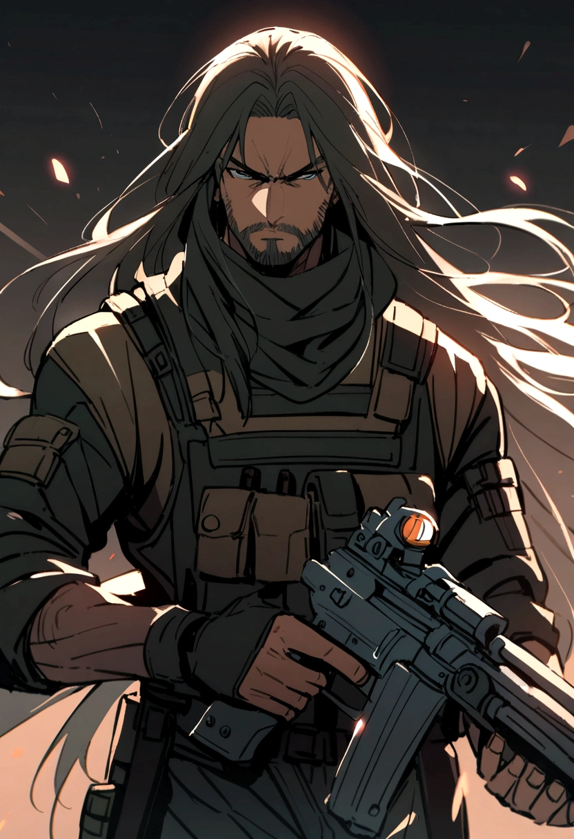 1 man with long hair, a mercenary, holding a gun