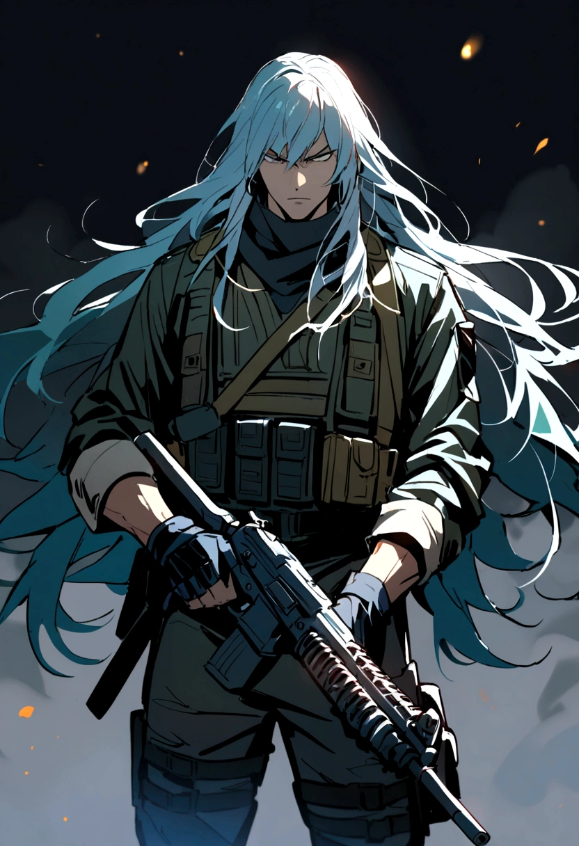 1 man with long hair, a mercenary, holding a gun