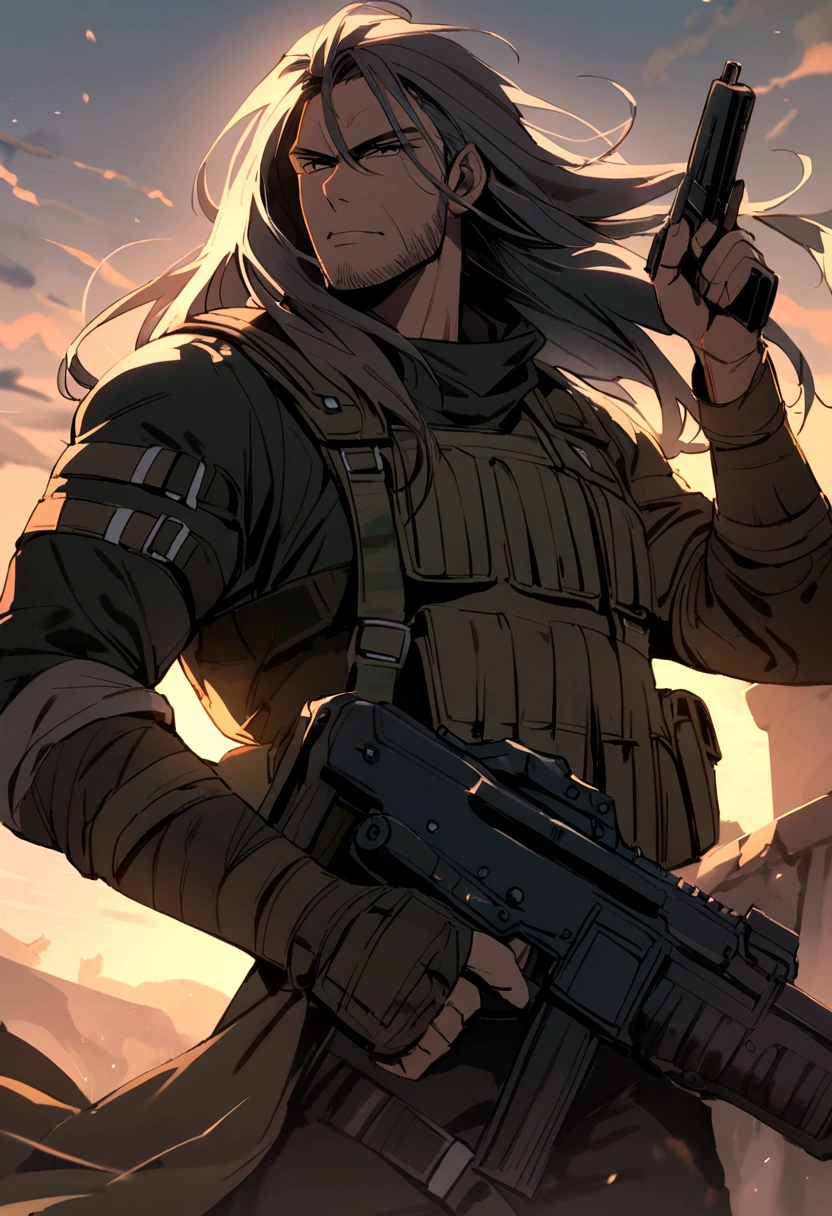 1 man with long hair, a mercenary, holding a gun