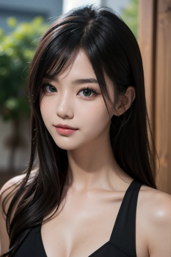 masterpiece, Best image quality, high quality, beautiful girl, Japanese, Japanese school girl, Popular Korean makeup, detailed, Swollen eyes, detailed eyes, detailed skin, Beautiful Skin, ultra High resolution, (reality: 1.4), so beautiful, A little younger face, Beautiful Skin, thin, (Ultra-realistic), (figure), (High resolution), (8K), (highly detailed), (best figure), (beautifully detailed eyes), (super detailed), (wallpaper), (detailed face), View your viewers, Fine details, detailed face, Pure Erotic Face Ace_v1, smile, Look straight ahead, Look straight ahead, Angle from waist up, Realistic photos, Bright lighting, Professional Lighting, Black Hair (green), Long Hair, Dark Ruins, Big Red Moon, Gorgeous red and black dress, Mature Woman, Long and stylish bangs,