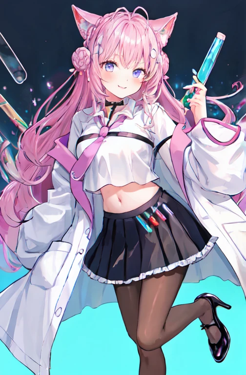 long hair, hair bun, double bun, braided bun, crown braid, hexagon, choker, black choker, necktie, pink necktie, shirt, white shirt, collared shirt, crop top, crop top overhang, fingernails, nail polish, pink nails, watch, pocket watch, midriff, navel, belt, skirt, miniskirt, black skirt, pleated skirt, frills, frilled skirt, test tube, pantyhose, black pantyhose, thigh strap, shoes, black footwear, high heels, coat, labcoat, white coat, open coat, open clothes, long sleeves, sleeves past wrists, pocket, smile, laboratory