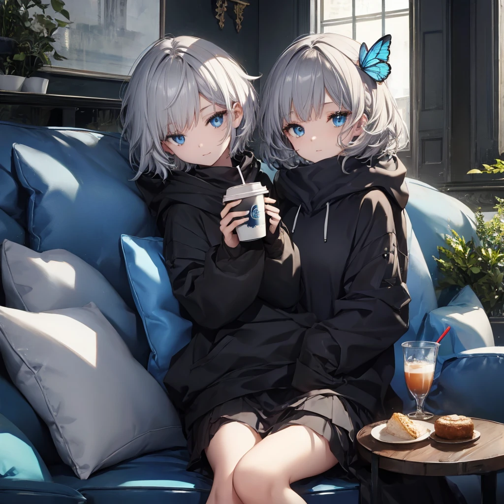 (((1 person Gray Hair Sit on the sofa Crossing your legs blue eyes))) ((High resolution short hair hoodie Black Skirt Rin々Funny face)) ((Close-up)) ((Blue butterfly Asahi Shining Aura Catch the wind Holding a cup Drink coffee)) (smile Bathed in light) Shining Background Shining Edge