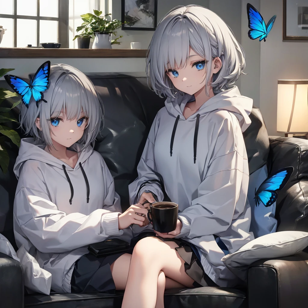(((1 person Gray Hair Sit on the sofa Crossing your legs blue eyes))) ((High resolution short hair hoodie Black Skirt Rin々Funny face)) ((Close-up)) ((Blue butterfly Asahi Shining Aura Catch the wind Holding a cup Drink coffee)) (smile Bathed in light) Shining Background Shining Edge