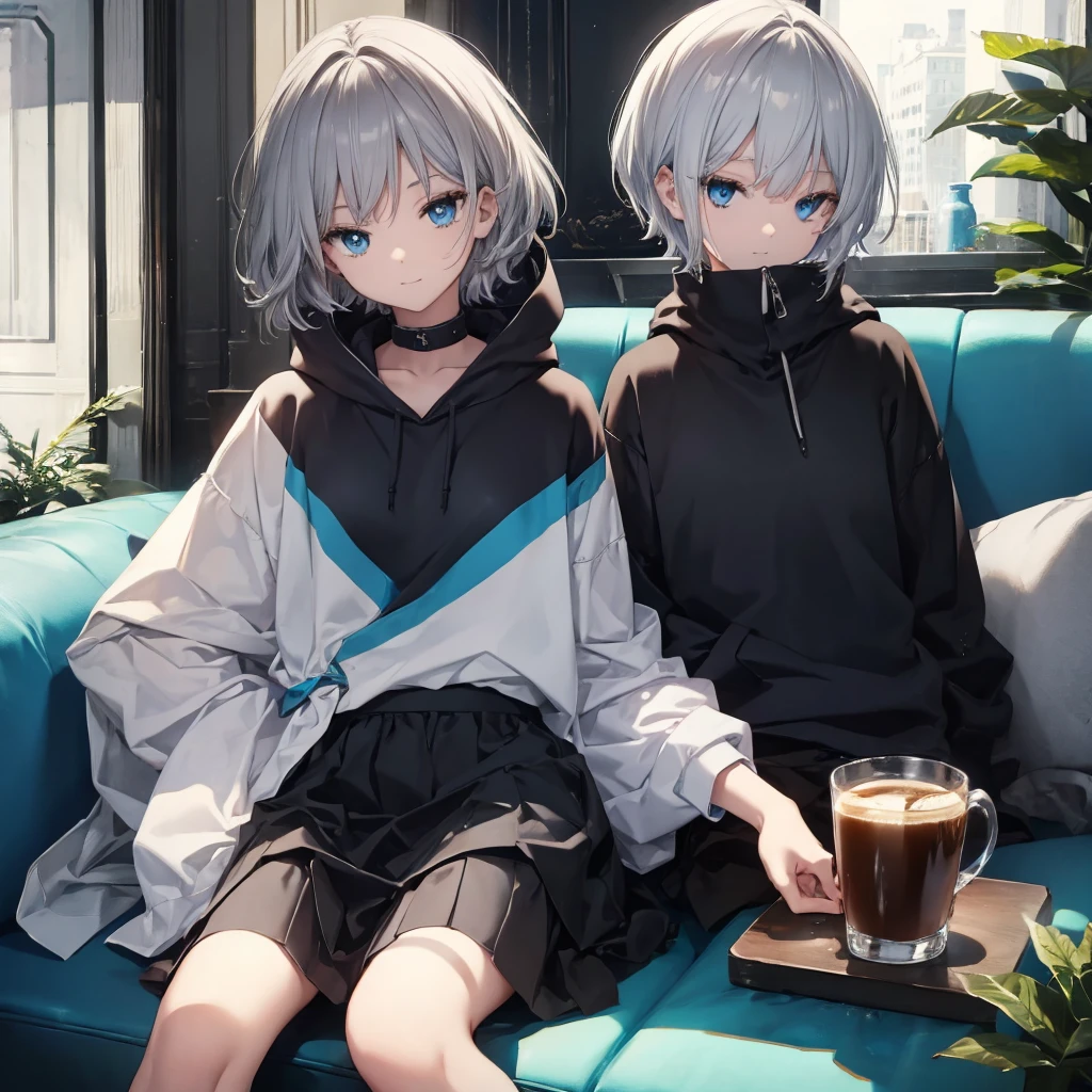 (((1 person Gray Hair Sit on the sofa Crossing your legs blue eyes))) ((High resolution short hair hoodie Black Skirt Rin々Funny face)) ((Close-up)) ((Blue butterfly Asahi Shining Aura Catch the wind Holding a cup Drink coffee)) (smile Bathed in light) Shining Background Shining Edge