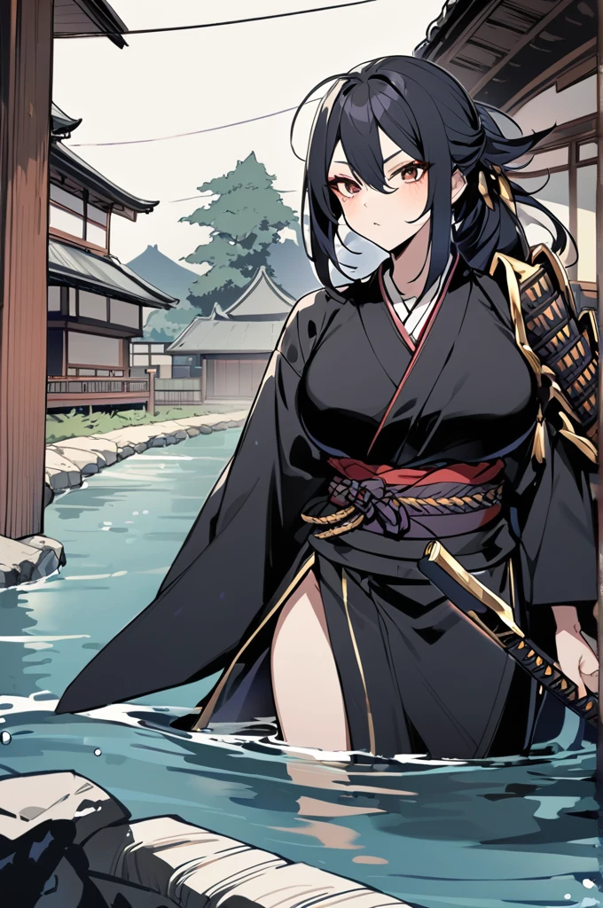 Raven woman, tall, long black hair with white tips, large breasts, defined, wearing a black kimono with gold ornaments, in front of a table with a stand like a samurai katana,Old Japanese house porch background with small river with karpas swimming 