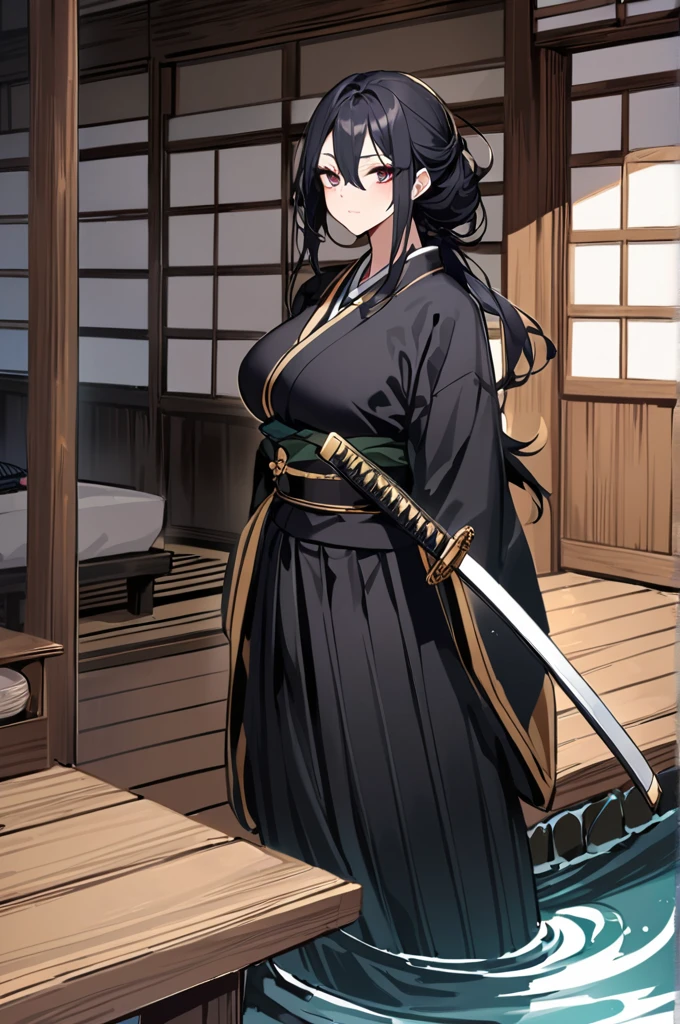 Raven woman, tall, long black hair with white tips, large breasts, defined, wearing a black kimono with gold ornaments, in front of a table with a stand like a samurai katana,Old Japanese house porch background with small river with karpas swimming