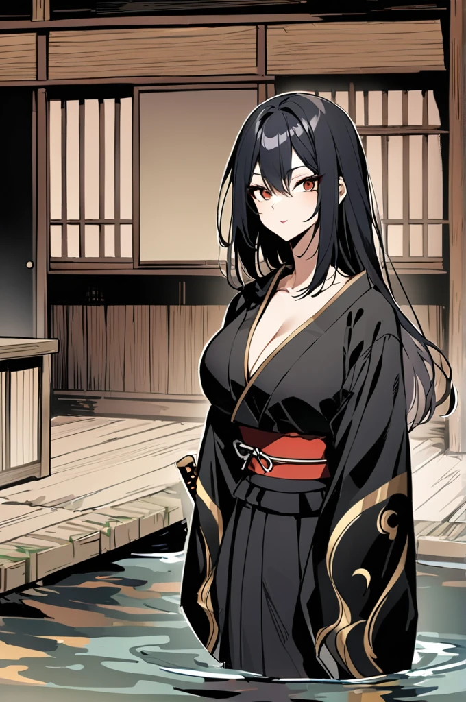 Raven woman, tall, long black hair with white tips, large , defined, wearing a black kimono with gold ornaments, in front of a table with a stand like a samurai katana,Old Japanese house porch background with small river with karpas swimming 
