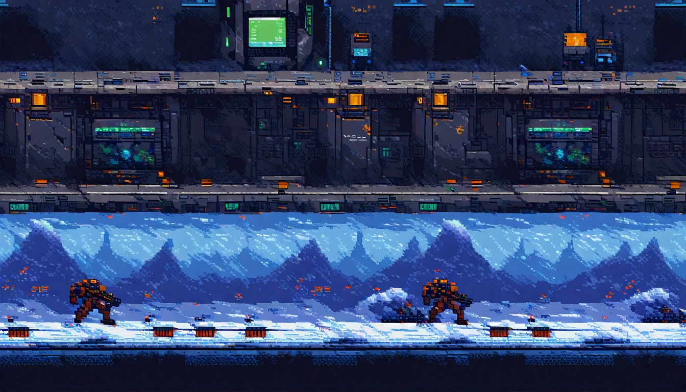 metroidvania, robot, close-up, cyberpunk, sidescroller, (work of art, best qualityer:1.2), pixel art,terrestrial space, futuristic snow scenery