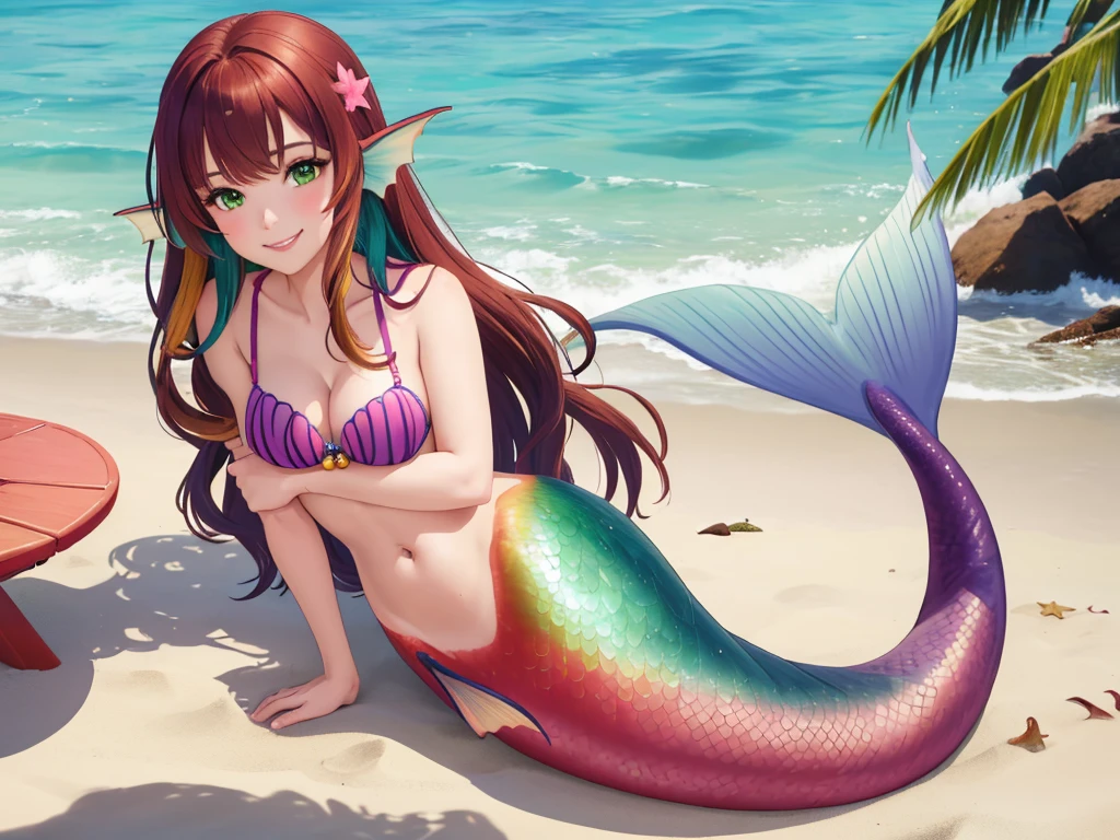 masterpiece, best quality:1.2), 1girl, smile, looking at viewer, green eyes, short brown multicolored hair, mermaid, mermaid girl, wearing purple seashell bra, laying on belly on beach, colorful mermaid tail, outdoors, head fins, fin ears, under cherry blossoms