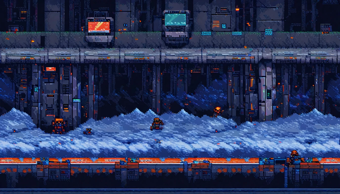 metroidvania, robot, close-up, cyberpunk, sidescroller, (work of art, best qualityer:1.2), pixel art,terrestrial space, futuristic snow scenery