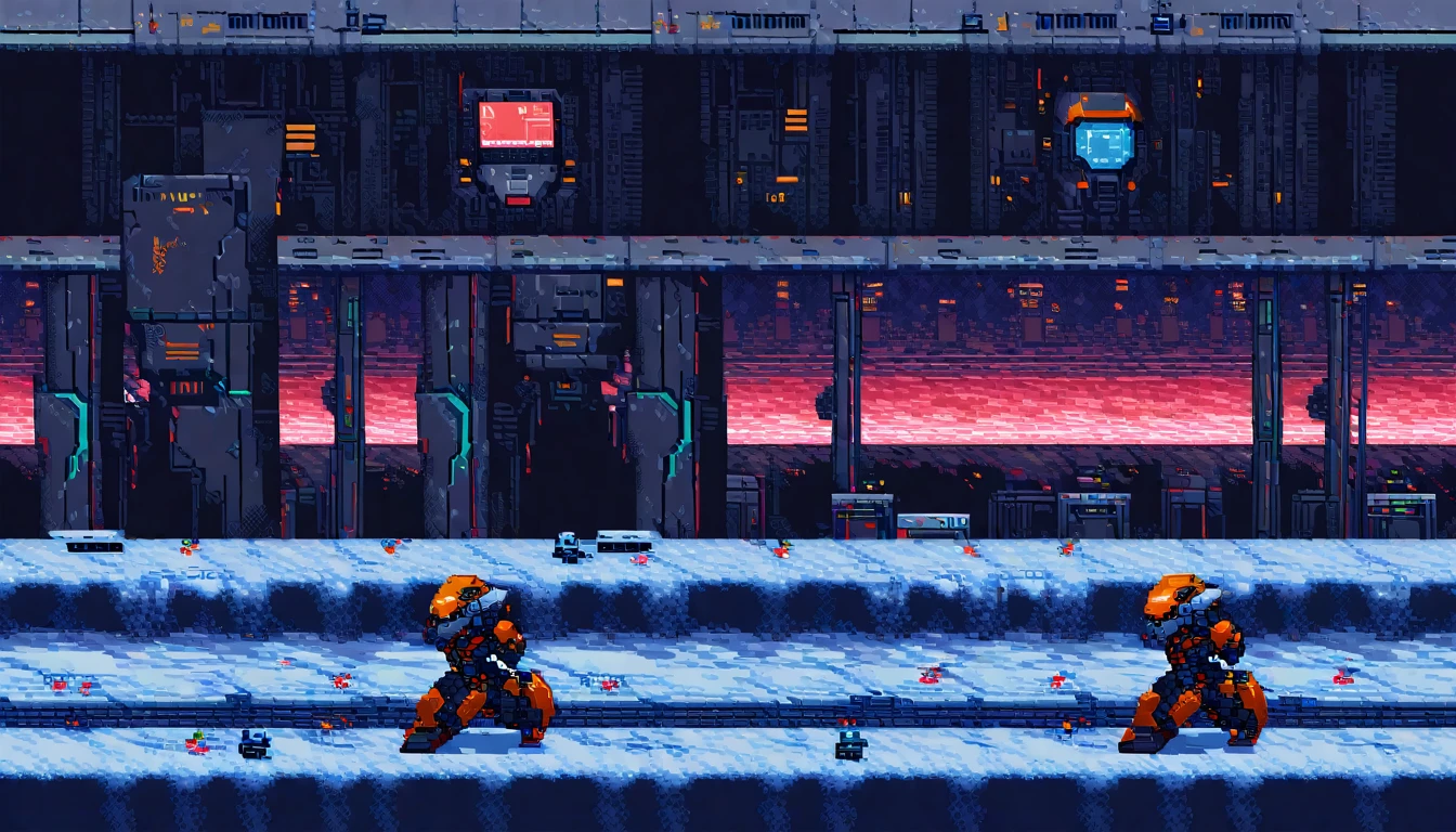 metroidvania, robot, close-up, cyberpunk, sidescroller, (work of art, best qualityer:1.2), pixel art,terrestrial space, futuristic snow scenery
