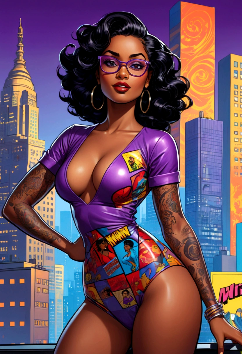 A girl with shine, cabelos coloridos vibrantes, wearing a bold, printed dress, surrounded by bold, comic book-style speech bubbles, graphic patterns. The background features a cityscape with skyscrapers and neon lights. The girl is making a confident pose with her hands on her hips, and she has expressive, exaggerated eyes and a wide smile. The art is created in a bold pop art style, with strong contours, swirly vibrant colors, and a retro comic book aesthetic. The image is of the best quality, With ultra-detailed features and vivid colors. The lighting is bright and emphasizes the strong colors and graphic elements of the artwork. (Black-skinned woman Beautiful brunette with a perfect body, beautiful, big, perfect breasts, wide, thin thighs, perfect, everything perfect,) ((Art Style Full Length View, full-featured))characteristics (Purple and black straight hair style, wavy, prisoner, Loose) ( Clothing Style ) ( glasses Tattoo style Full Body) .8K uhd, high qualiy, volumetric light, photoshot, high resolution, 4K, 8K