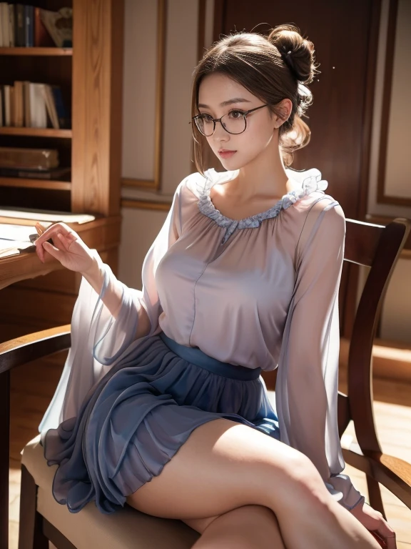 (Realistic、High resolution:1.3),alone, One Girl, masterpiece, highest quality, Very detailed, Cinema Lighting, Intricate details, High resolution, Official Art, Beautifully detailed face and eyes, High resolutionのイラスト, 8k, (Short bun hairstyle), Ash Brown Hair:1.3, Very thin body, ((Chiffon long skirt、Chiffon blouse:1.3)) 、Single Blade, blue eyes, Glasses, Crossing your legs, Sit on a chair, patterned high heels,Upper Body, , Book_stack, library, ((vine)), Looking at the audience