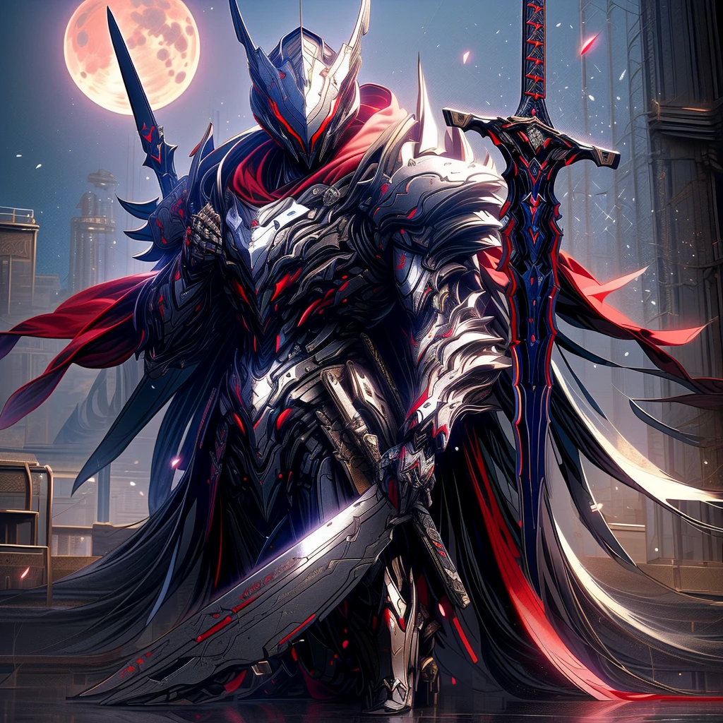 Anime characters wearing a red cloak and sword before the full moon, Badass anime 8 K, high quality warframe fanart, exquisite warframe fanart, Anime epic artwork, Anime art wallpaper 4 K, Anime art wallpaper 4k, anime mecha aesthetic, Onmyoji detailed art, detailed warframe fanart, High quality digital concept art, Dragon Knight, Red armor, (solo)